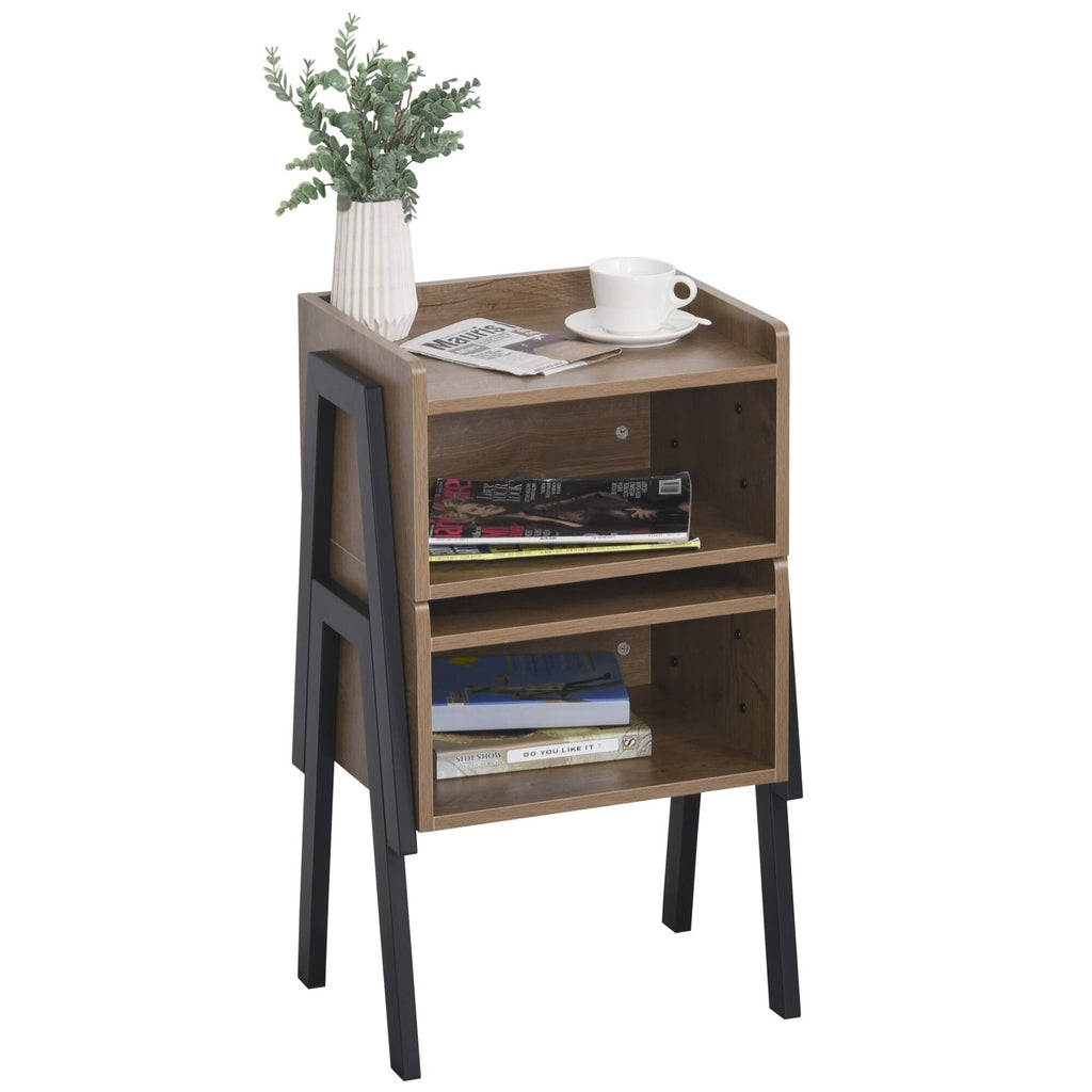 Industrial Set of 2 Stackable Side Tables with Solid Steel Frame Legs, Oak E864463