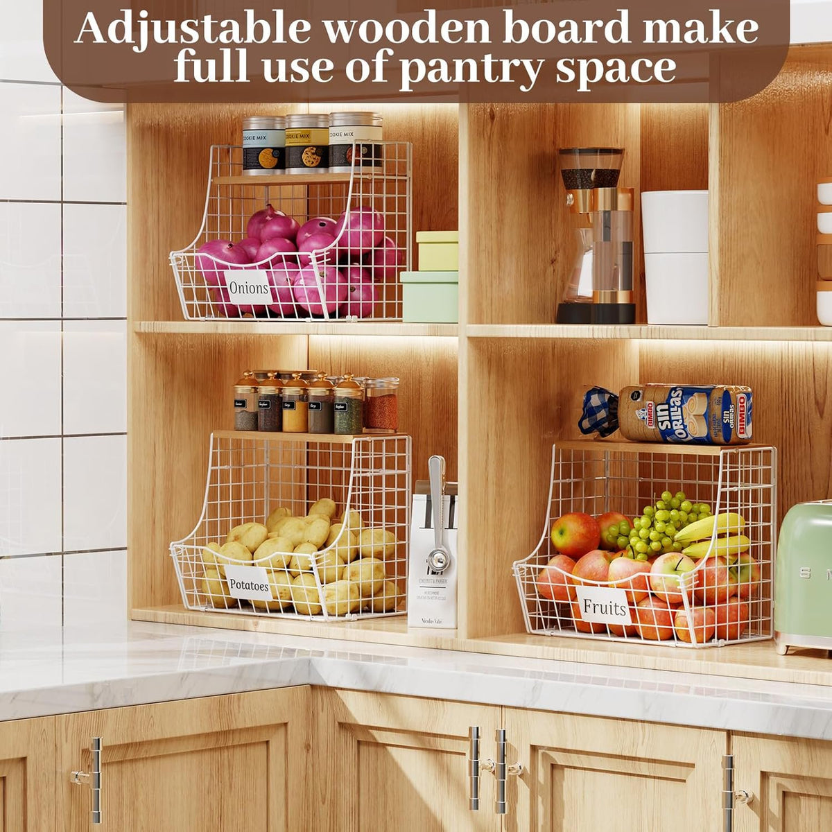 3 Pack Hanging Wire Basket with Wood Lid & S Hook U5548
