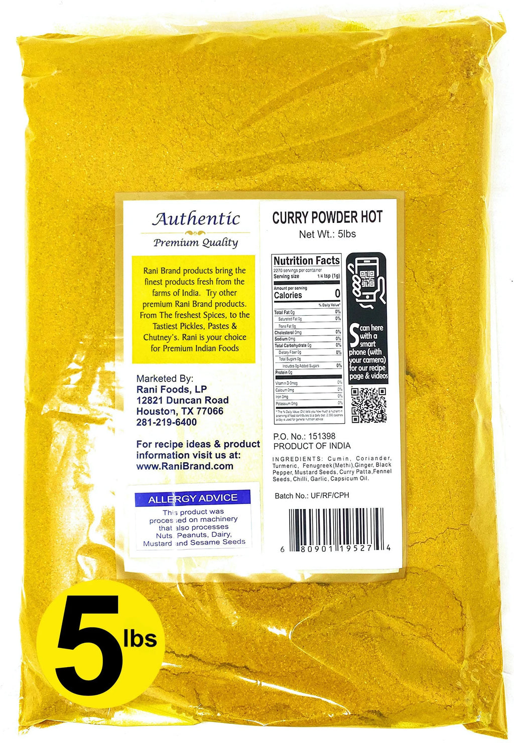 Curry Powder Hot 11-Spice Authentic Indian Blend 80oz (5lbs) 2.27kg Bulk All Natural Salt-Free Vegan No Colors Gluten Friendly NON-GMO Indian Origin B550