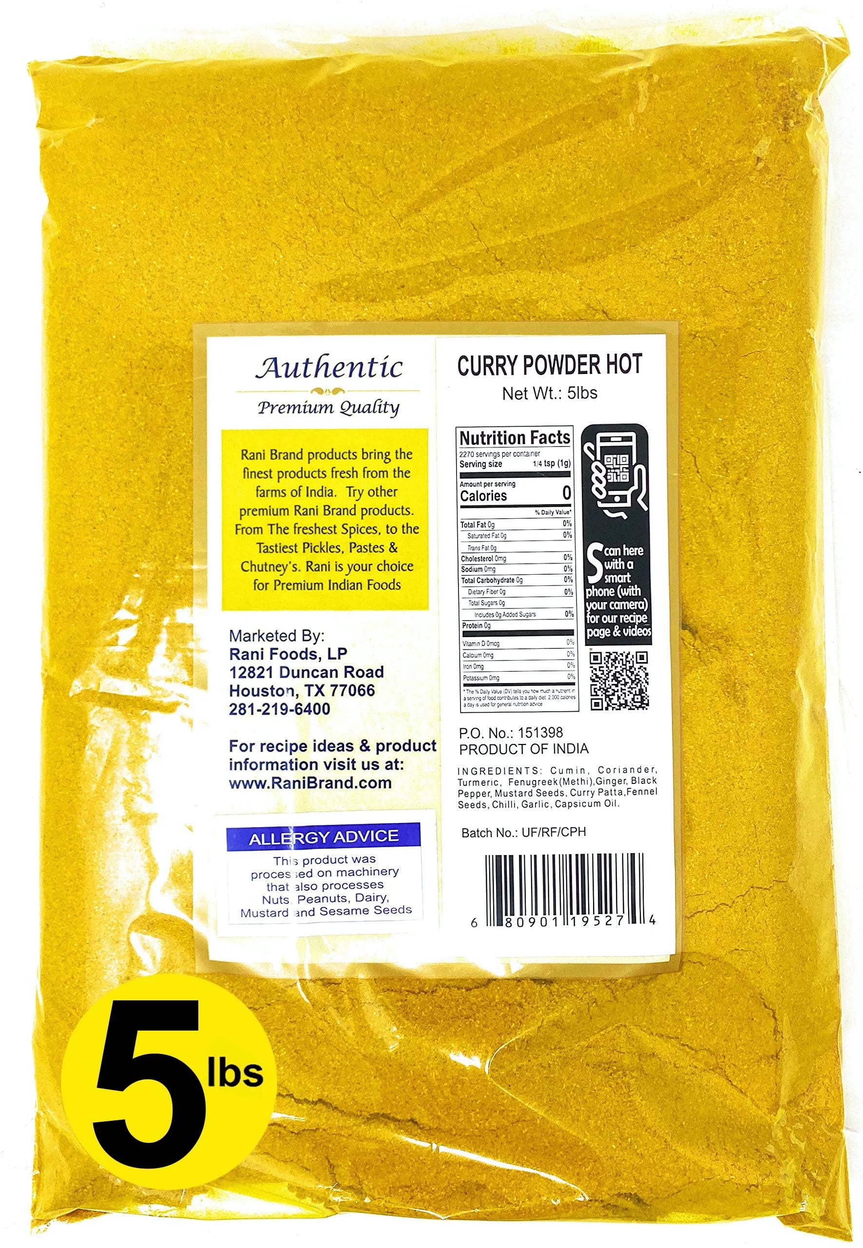Curry Powder Hot 11-Spice Authentic Indian Blend 80oz (5lbs) 2.27kg Bulk All Natural Salt-Free Vegan No Colors Gluten Friendly NON-GMO Indian Origin B550