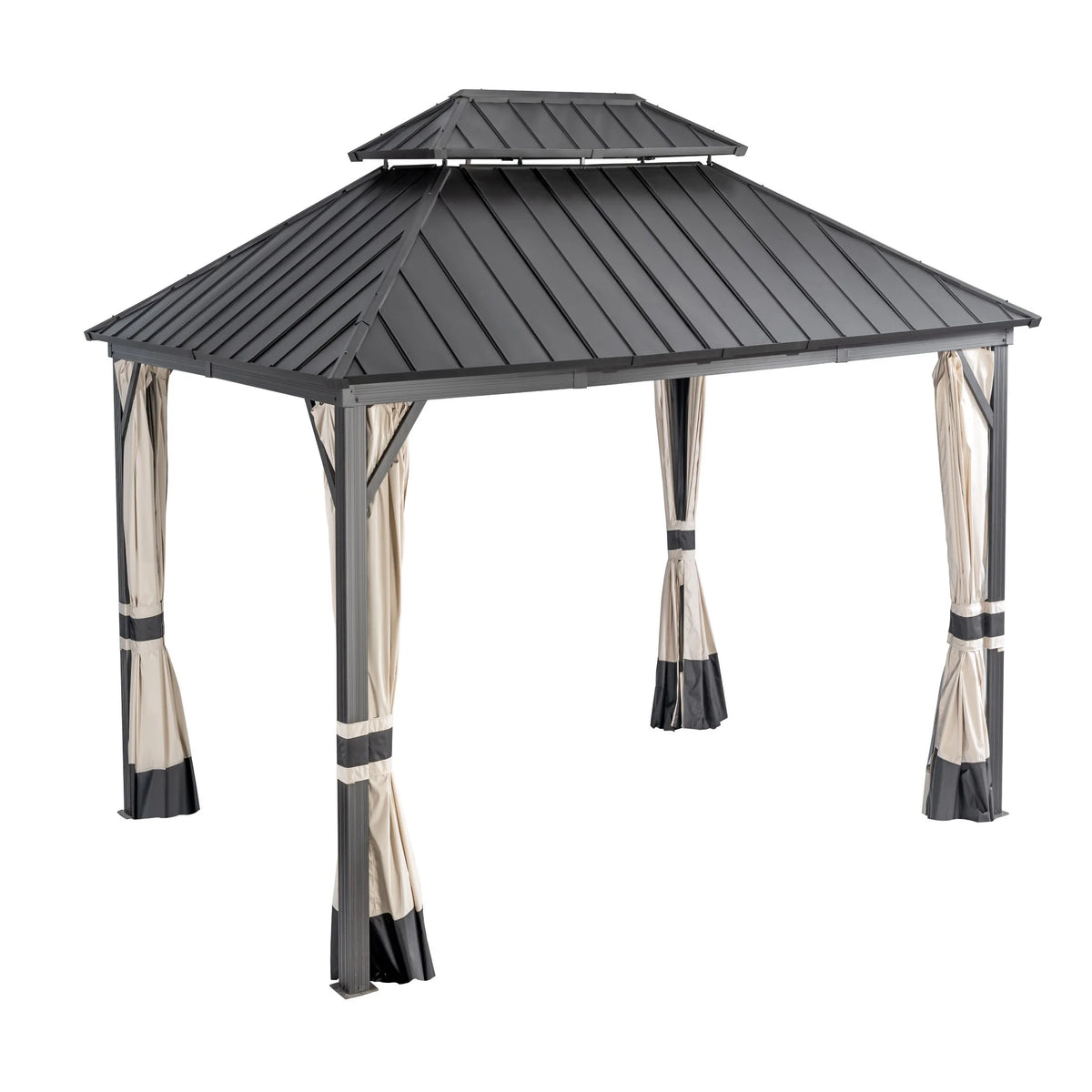 14x12ft Double Galvanized Steel Hard Top Outdoor Gazebo with Netting and Curtains J876714