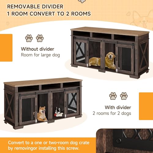Brown Wooden Dog Crate with 3 Storages and Removable Divider C568