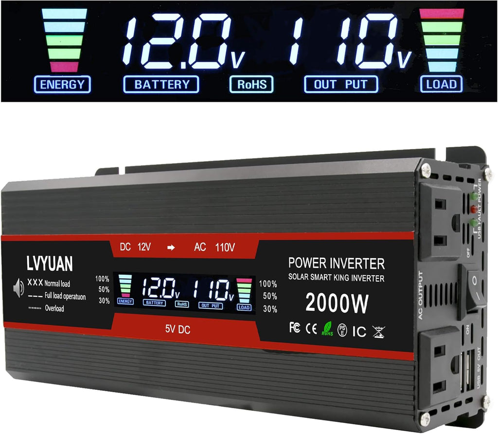 800W/2000W Peak Car Power Inverter DC 12V to 110V AC Converter with LCD Display Dual AC Outlets Dual USB Pack of 2 H684