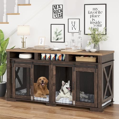 Brown Wooden Dog Crate with 3 Storages and Removable Divider C568