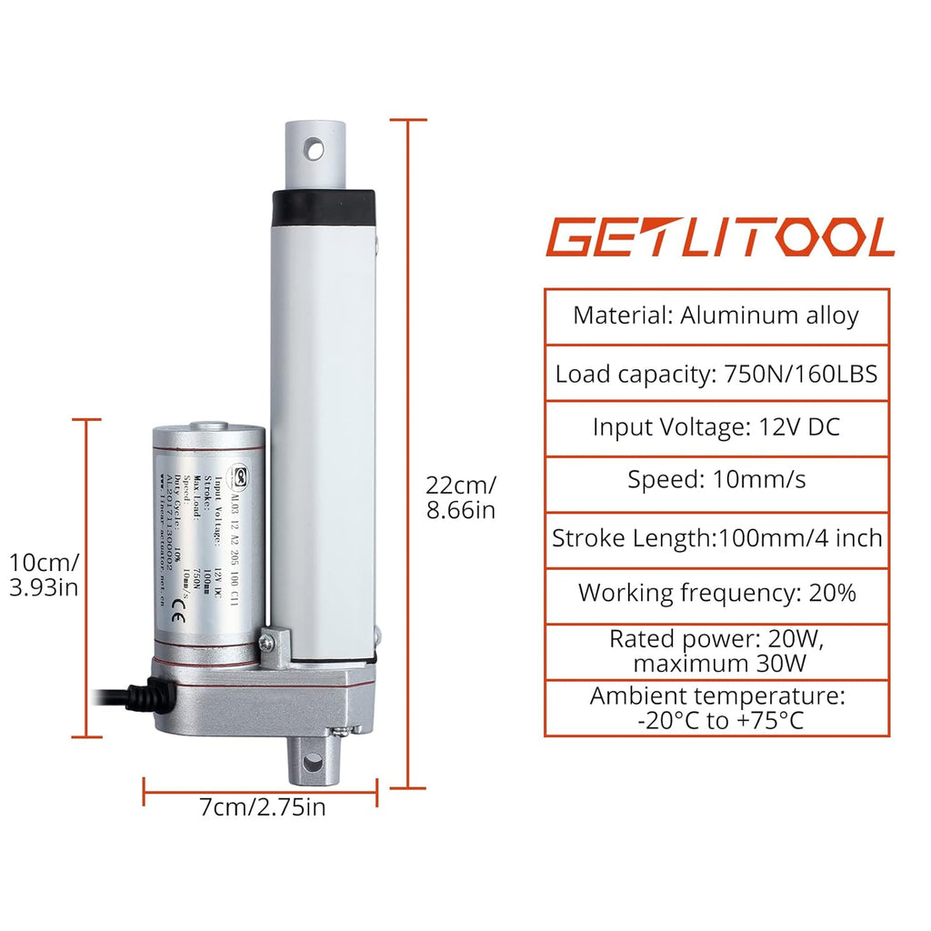 Electric Linear Actuator 100mm 4 Inch Heavy Duty DC 12V 750n 160lbs U93055