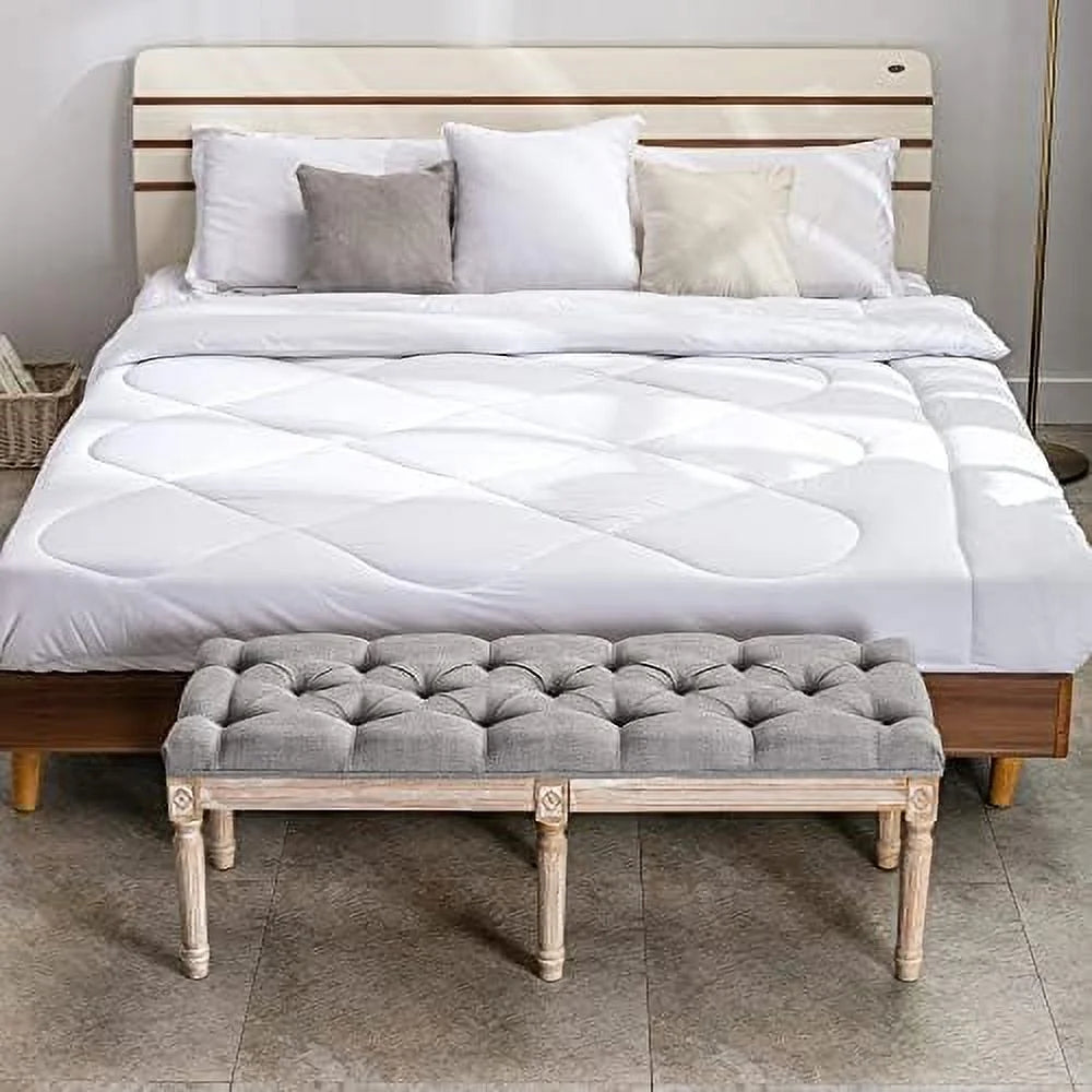 Grey Fabric Entryway Bench with Button Tufted Seat and Rustic Wood Legs R144