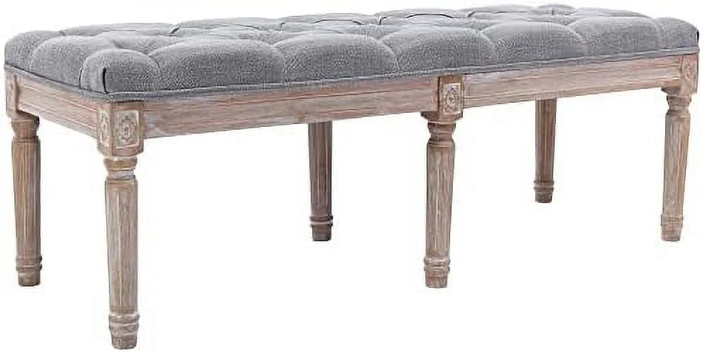 Grey Fabric Entryway Bench with Button Tufted Seat and Rustic Wood Legs R144