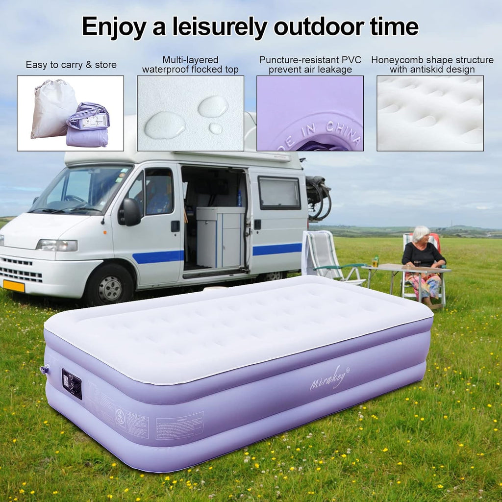 Light Blue White Velvet Flocked Twin Air Mattress with Built in Pump Q592079