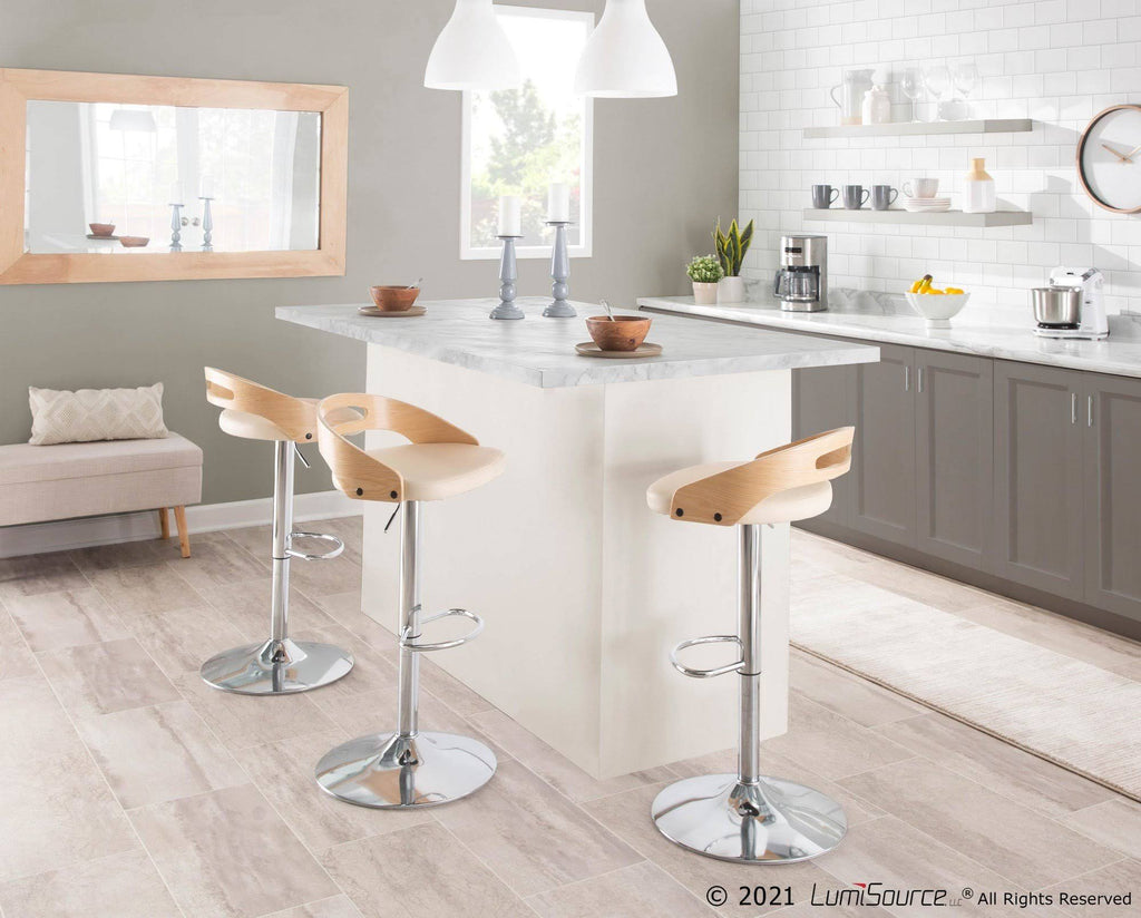 Chrome Natural Wood Cream PU Barstool O832748