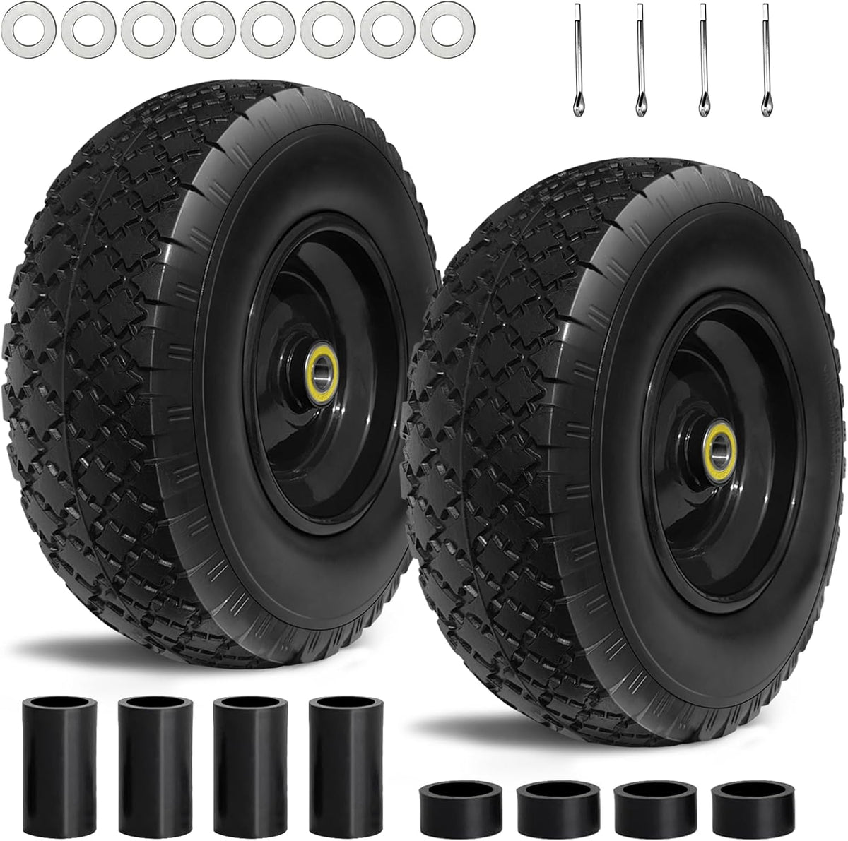 13” Replacement Solid Tire and Wheel Assemblies with 5/8” Axle Bore Hole, 2 Packs I389