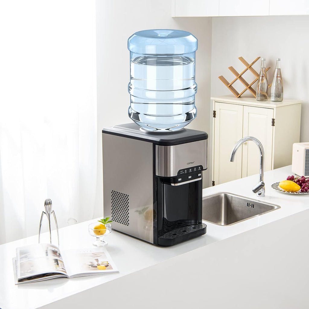 Water Dispenser with Ice Maker, 3-in-1 Countertop Top-Loading Hot Cold Water Cooler Machine, 48Lbs/24H, 12 Cubes, 4Lbs Storage Basket P303141