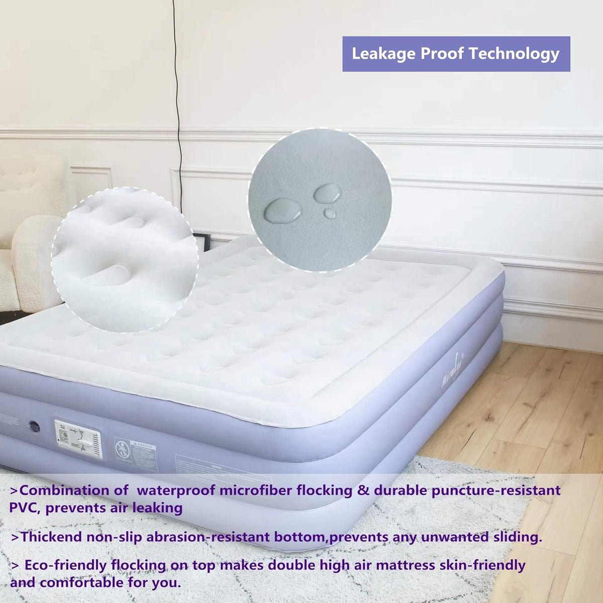 Light Blue White Velvet Flocked Twin Air Mattress with Built in Pump Q592079