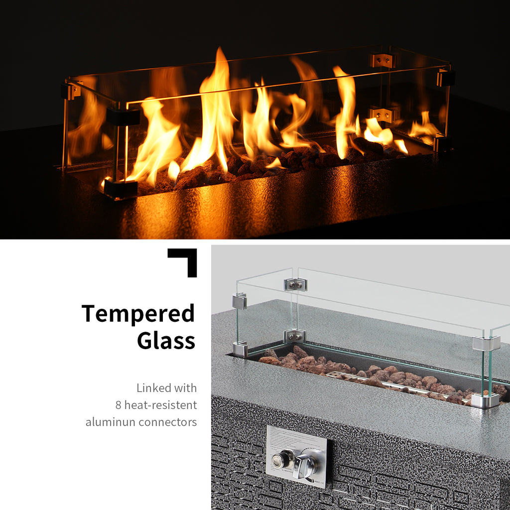 42 inch 50,000 BTU Rectangle Propane Gas Fire Pit Table with Lid, Glass Wind Guard, Waterproof Cover, Lava Rocks - Steel D570625