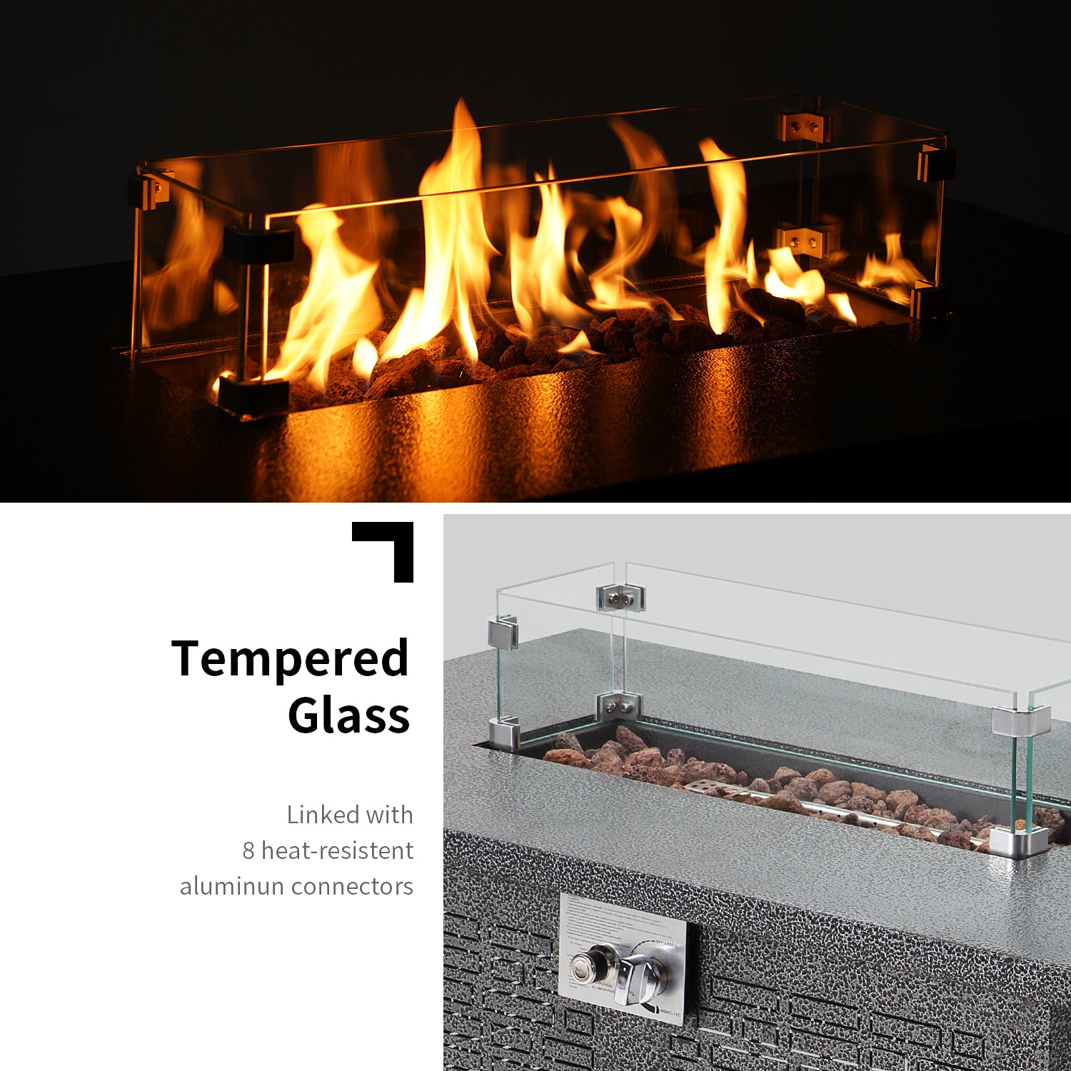 42 inch 50,000 BTU Rectangle Propane Gas Fire Pit Table with Lid, Glass Wind Guard, Waterproof Cover, Lava Rocks - Steel D570625