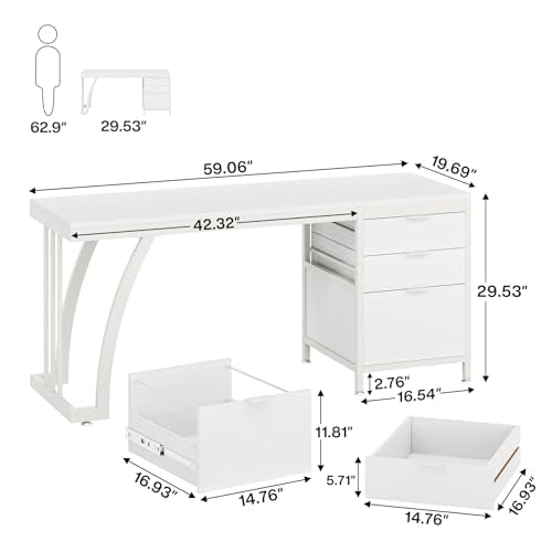 White 59-Inch Computer Desk with 3 Drawers T4067