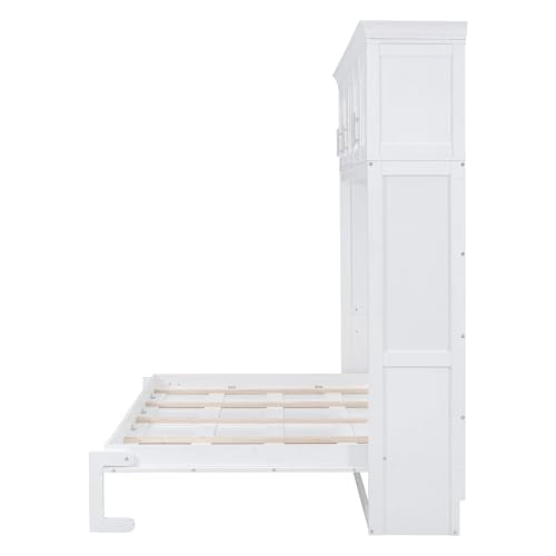 White Solid Wood Queen Murphy Bed with Cabinets D22943