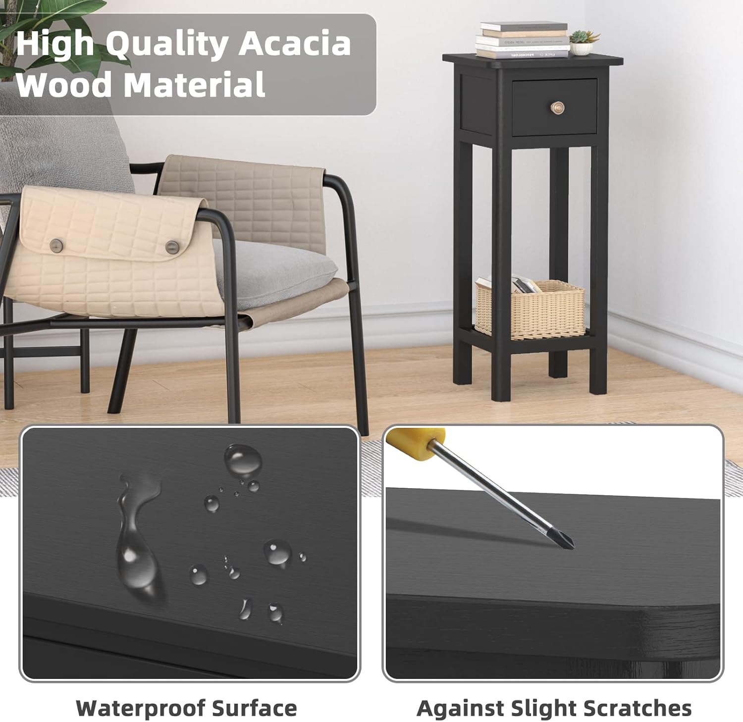Black Narrow End Table Set of 2 with Drawer & Shelf N3581