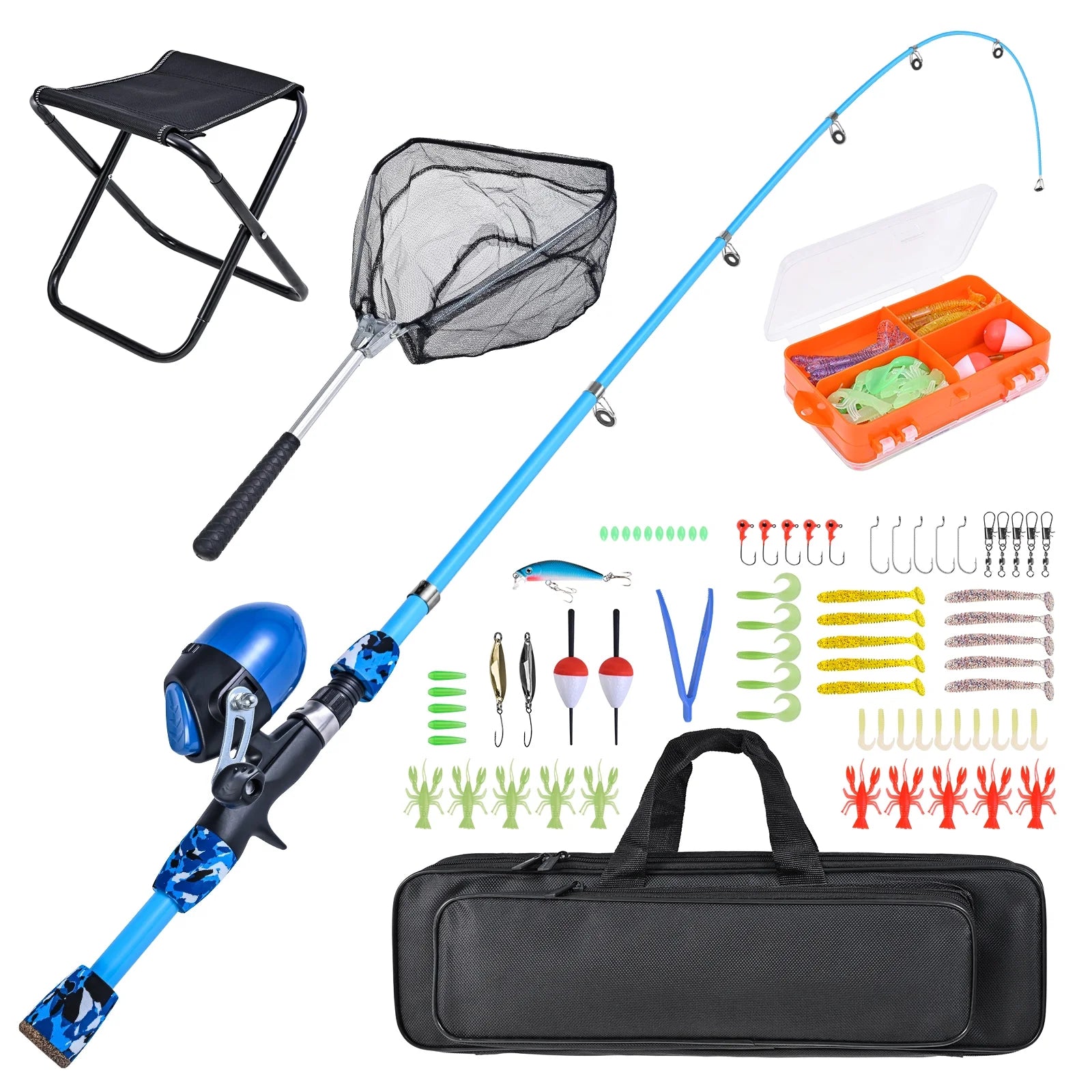 Kids Fishing Rod and Reel Combo with Collapsible Stool, Landing Net, and Tackle Box N177