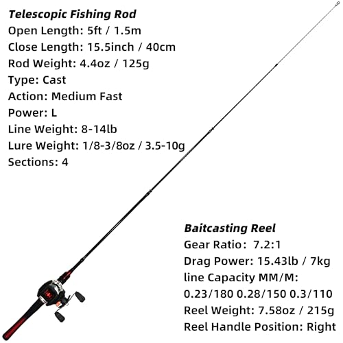 Fishing Rod and Reel Combo Baitcasting Baitcast Reel 5 Foot Fiberglass Telescopic Rod with Fishing Line T59746