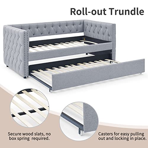 Twin Size Linen Fabric Upholstered Daybed with Trundle O890