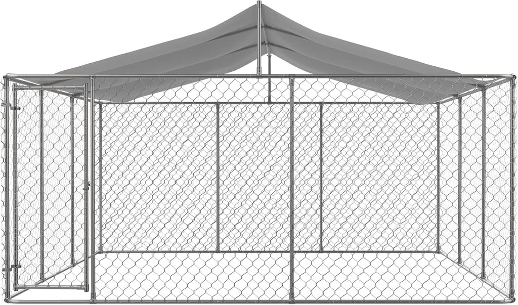 Large Outdoor Dog Kennel with Roof, Chain Link Enclosure, Galvanized Steel, 177.6 x 177.6 x 91.2 Inch O1039