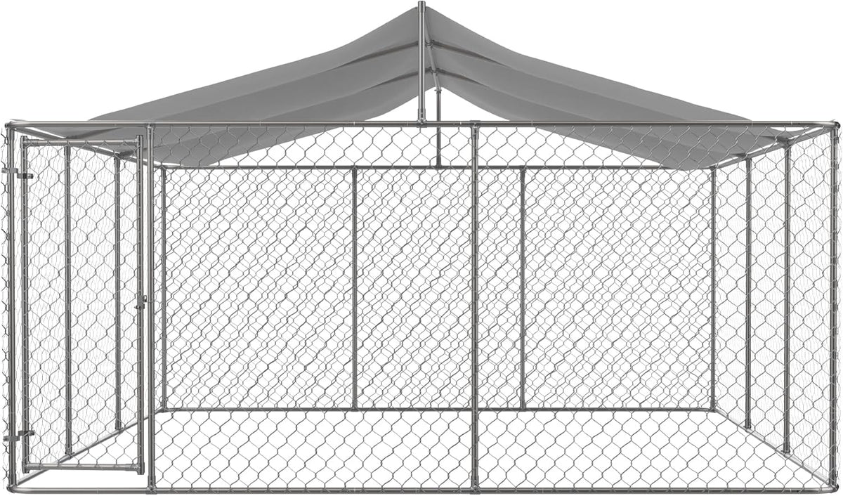 Large Outdoor Dog Kennel with Roof, Chain Link Enclosure, Galvanized Steel, 177.6 x 177.6 x 91.2 Inch O1039