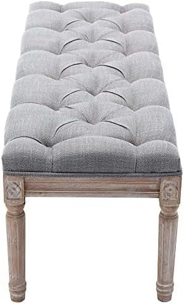 Grey Fabric Entryway Bench with Button Tufted Seat and Rustic Wood Legs R144