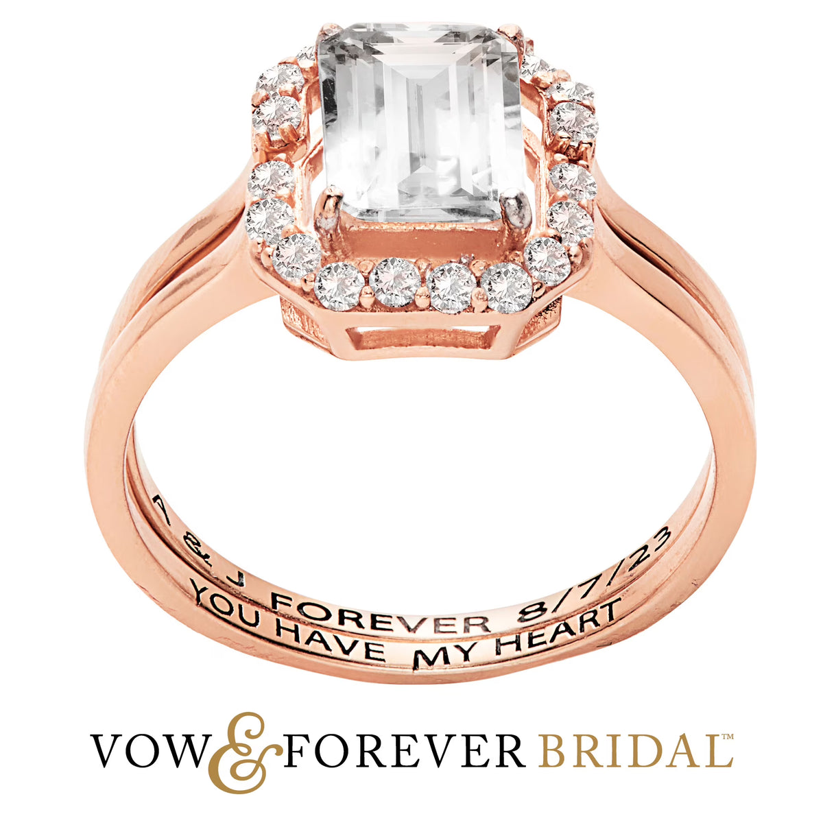 14K Rose Gold over Sterling Silver Emerald Cut White Topaz 2 Piece Wedding Set P491