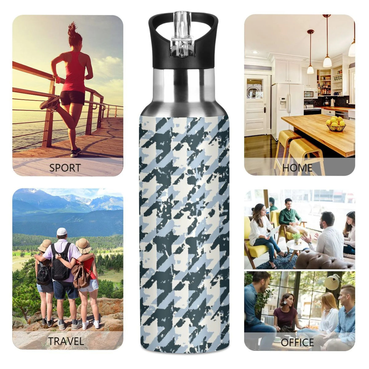 Blue Black Houndstooth Stainless Steel Insulated Water Bottle H17363