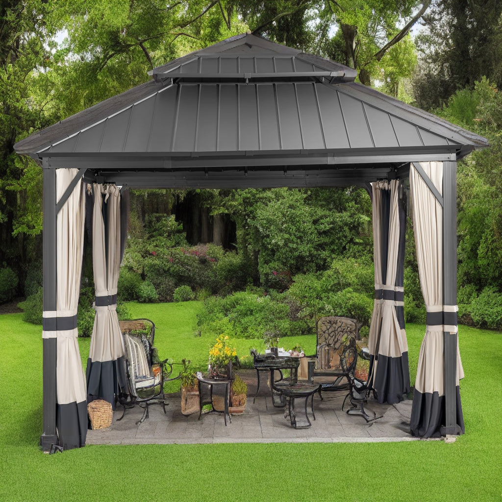 14x12ft Double Galvanized Steel Hard Top Outdoor Gazebo with Netting and Curtains J876714