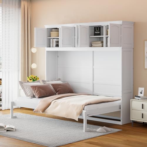 White Solid Wood Queen Murphy Bed with Cabinets D22943