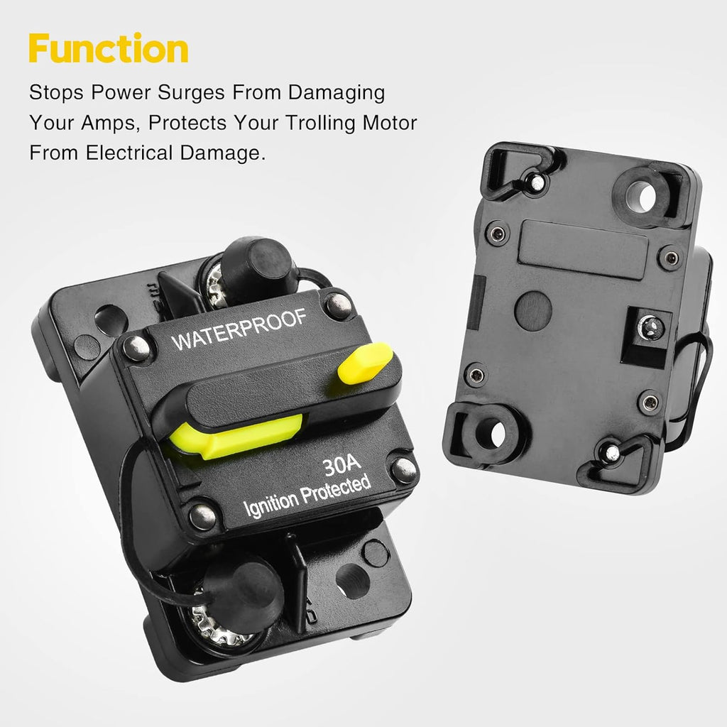 30 Amp Circuit Breaker, Inline Fuse Inverter with Manual Reset, 12V-48V DC Water Proof, Surface Mount-30A, Pack of 2 S92583