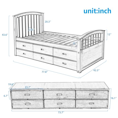 White Solid Wood Twin Platform Bed with 6 Drawers Q3818