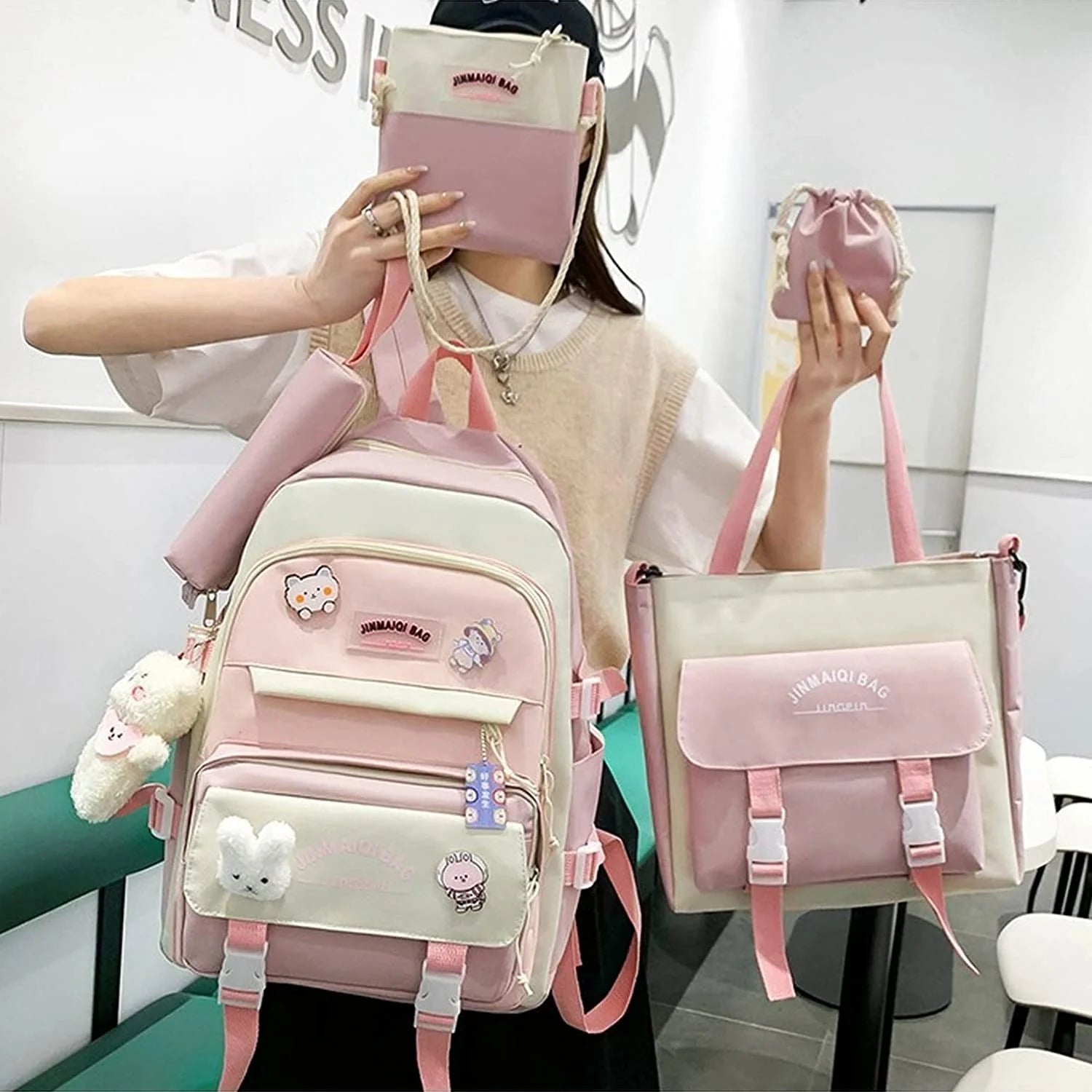 5Pcs Backpacks Combo Set with Bear Pendant & Pins N948