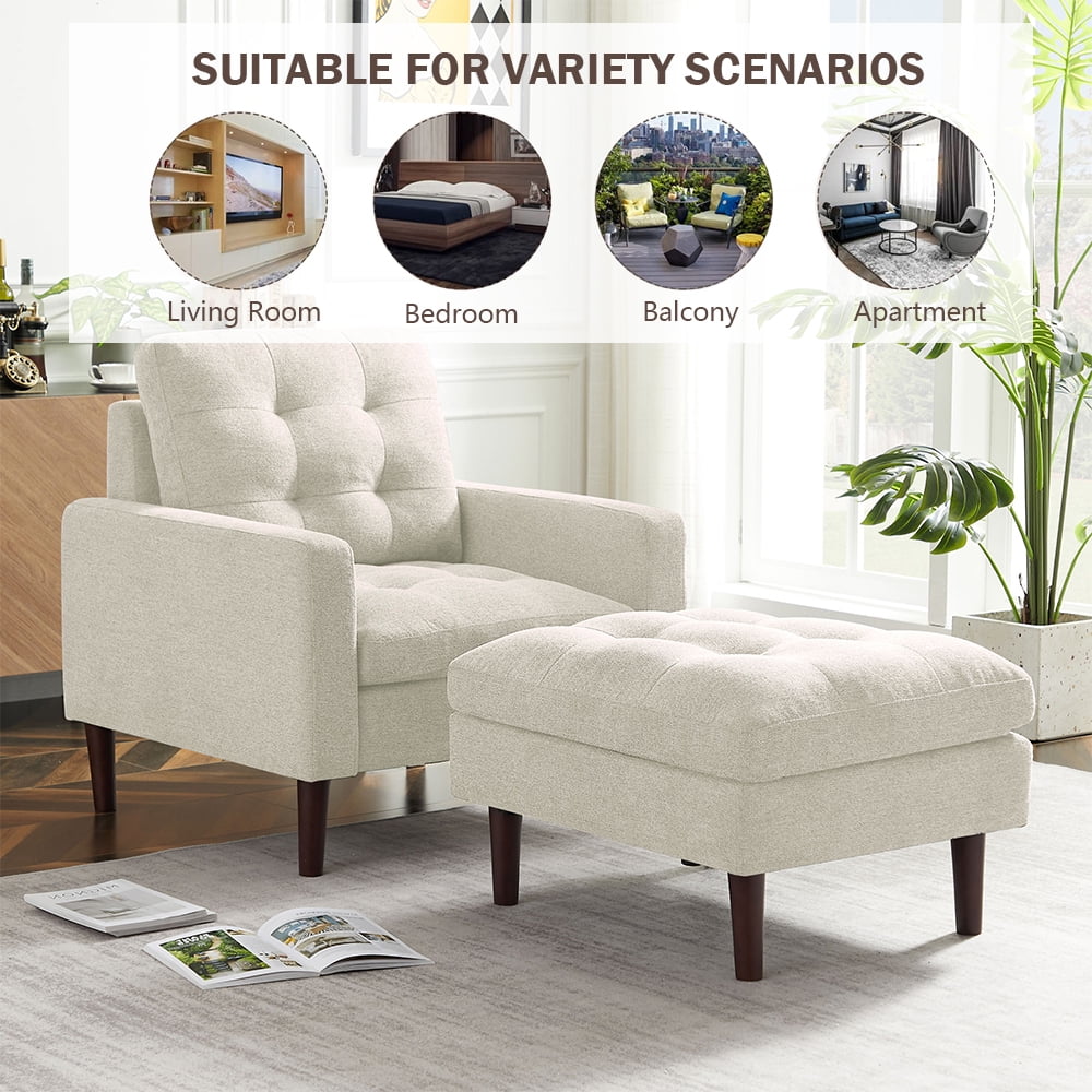 Beige Fabric Accent Chair with Ottoman and Solid Wood Legs D1463