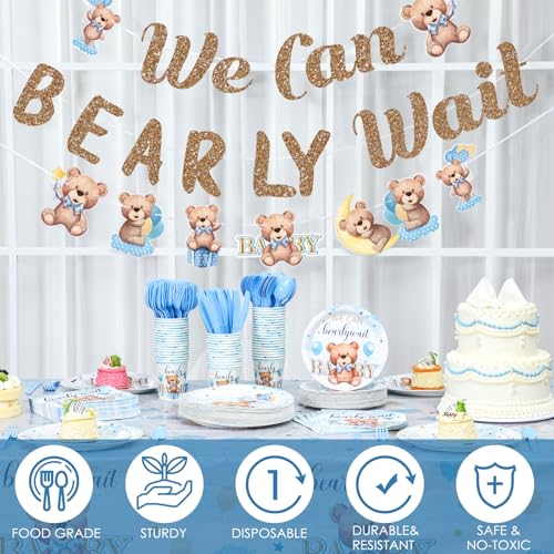 405 Pcs Blue Baby Shower Tableware Set with Plates, Napkins, Cups, Tablecloth, Banner D207772