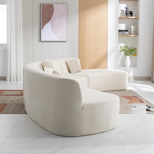Beige Chenille Curved Sofa Sectional with Three Throw Pillows A457