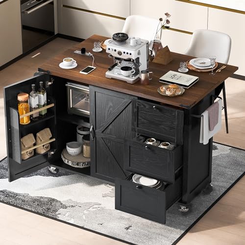 Black Rolling Kitchen Island Cart with Storage, 2 Drawers, 2 Cabinet P695