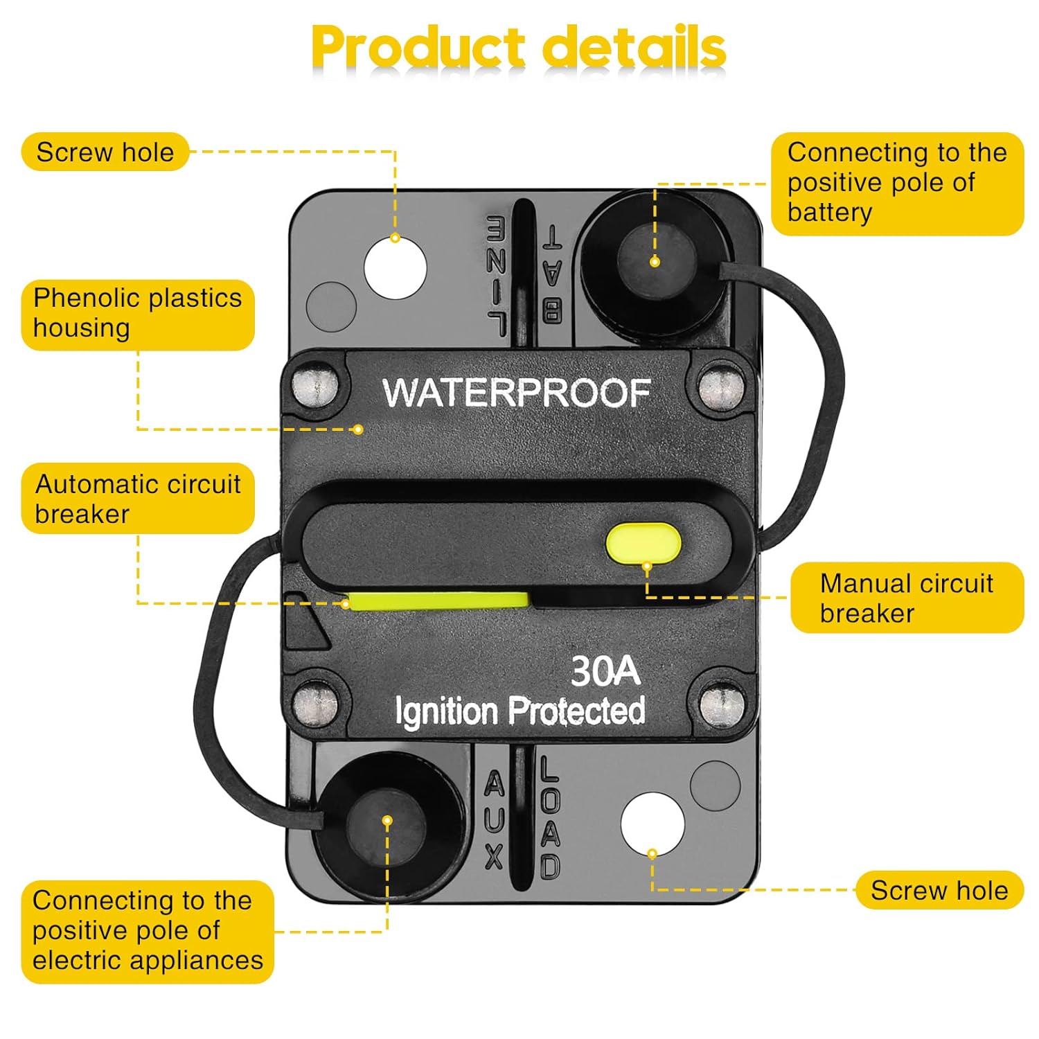 30 Amp Circuit Breaker, Inline Fuse Inverter with Manual Reset, 12V-48V DC Water Proof, Surface Mount-30A, Pack of 2 S92583