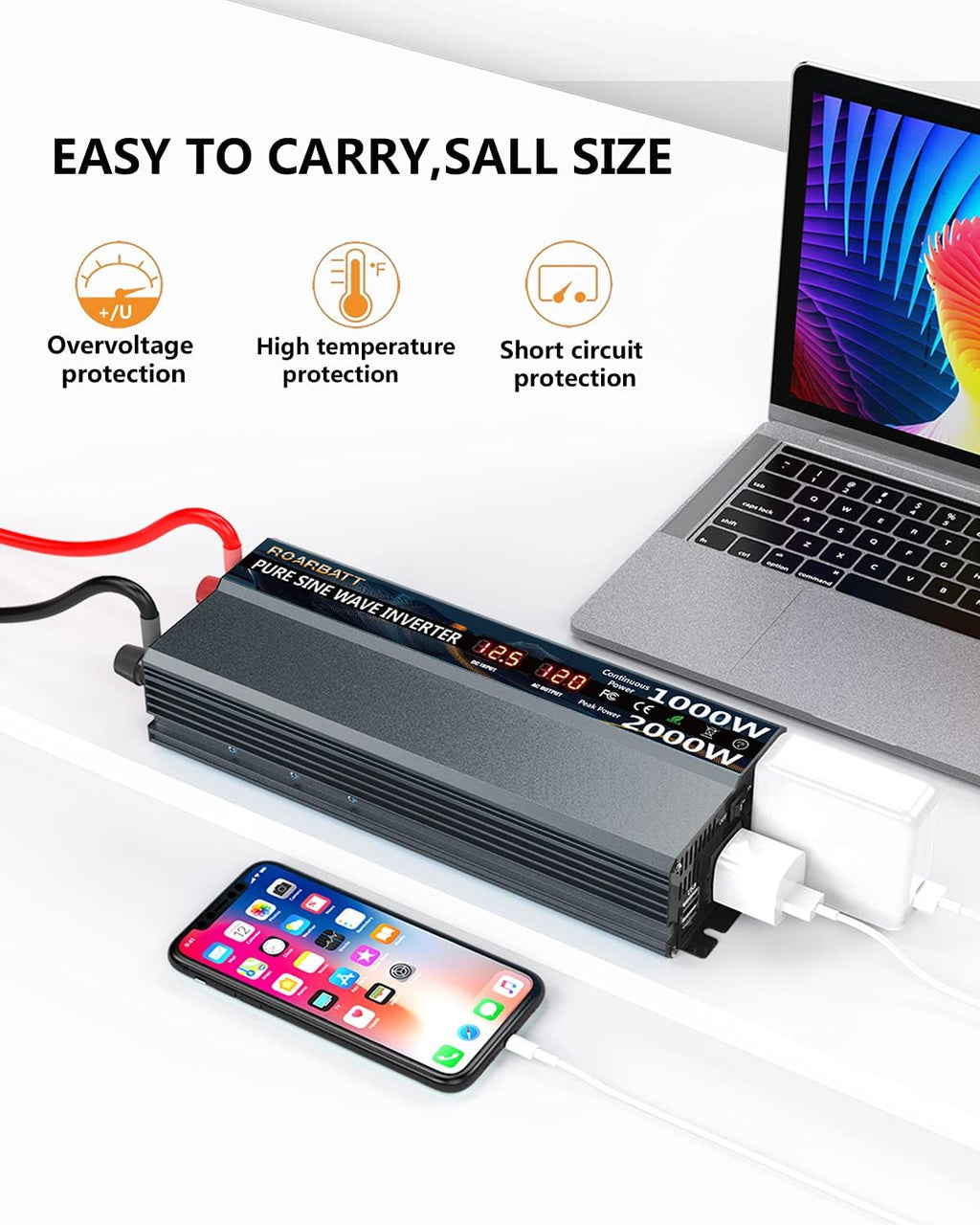 1000 Watt 12V DC to 110V AC Power Inverter with 2 AC Outlets and USB Port P6248
