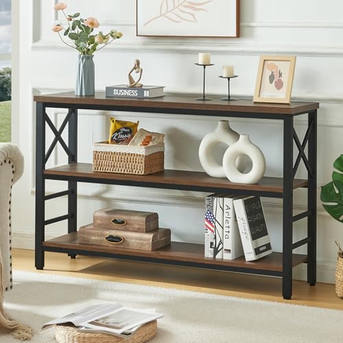 47" Industrial 3-Tier Metal Console Table with Shelves, Brown F24822