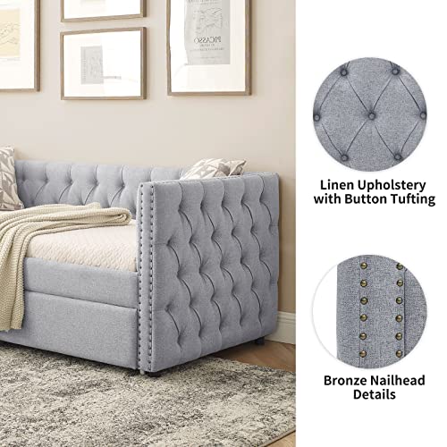 Twin Size Linen Fabric Upholstered Daybed with Trundle O890
