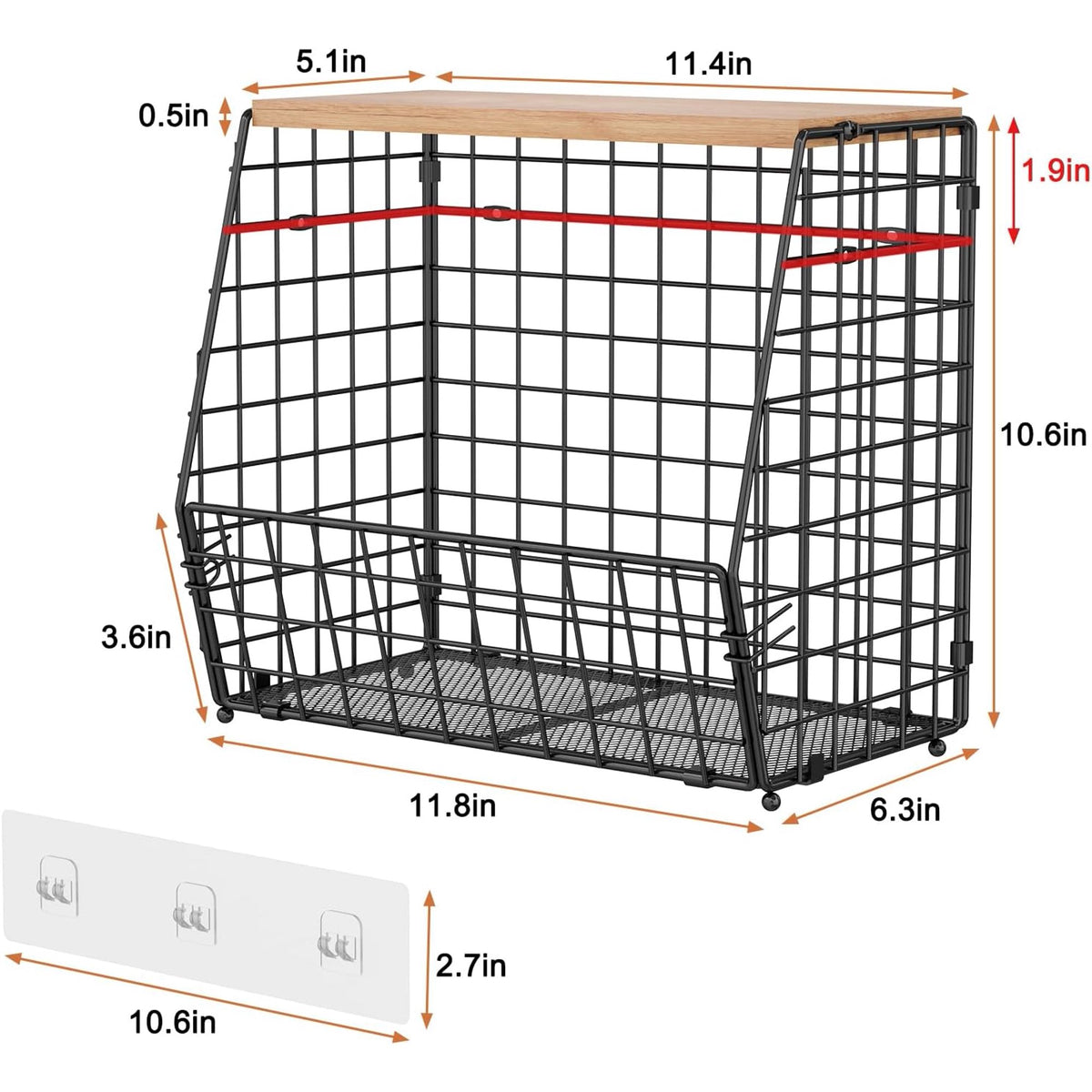 3 Pack Hanging Wire Basket with Wood Lid & S Hook U5548