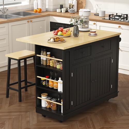 Black 48-inch Rolling Kitchen Island with Drop Leaf & Power Outlet U974002
