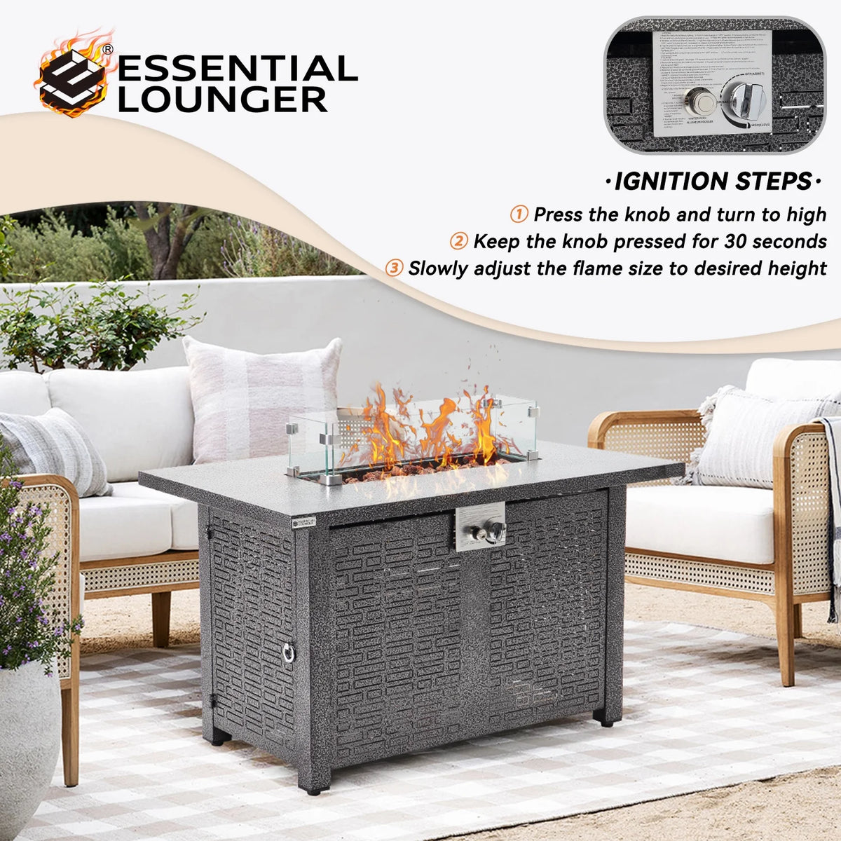 42 inch 50,000 BTU Rectangle Propane Gas Fire Pit Table with Lid, Glass Wind Guard, Waterproof Cover, Lava Rocks - Steel D570625
