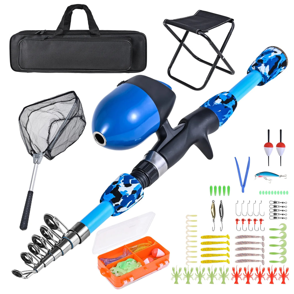 Kids Fishing Rod and Reel Combo with Collapsible Stool, Landing Net, and Tackle Box N177