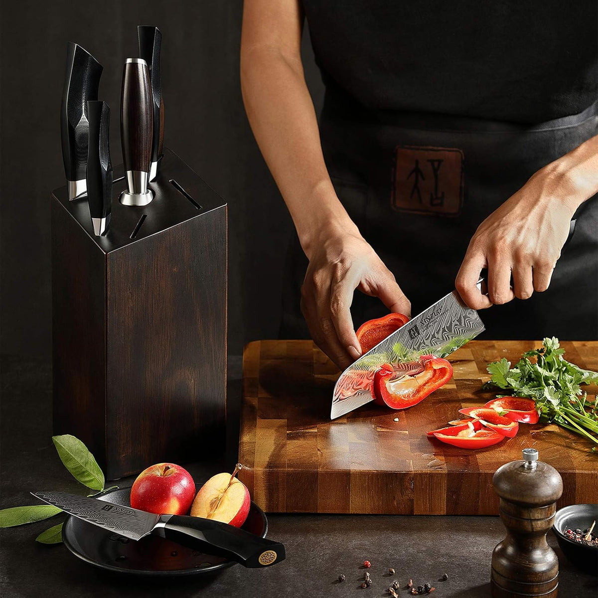 Damascus Steel 7-Piece Kitchen Knife Set with Wooden Block and Honing Steel B4345