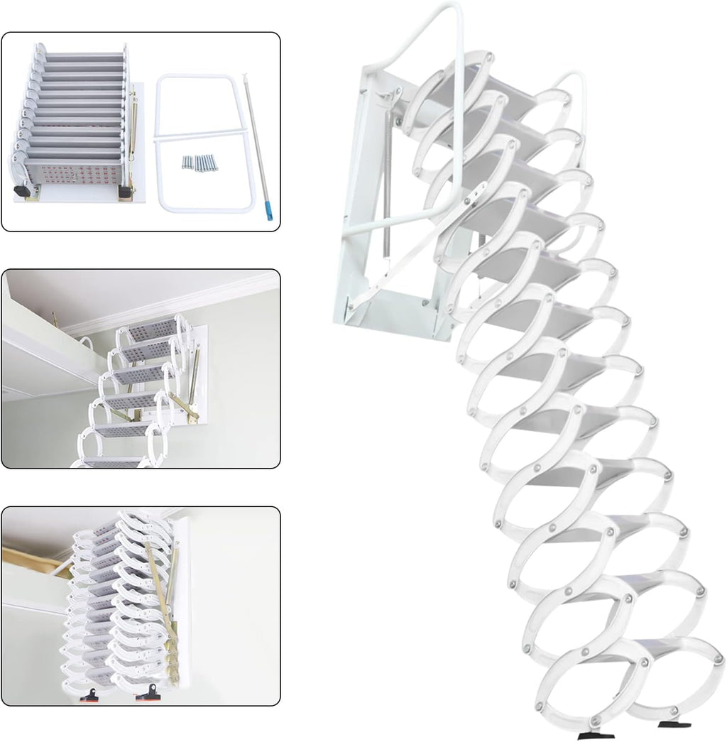 12 Steps Folding Loft Ladder, 122in Height, 882lbs Max Load E836946