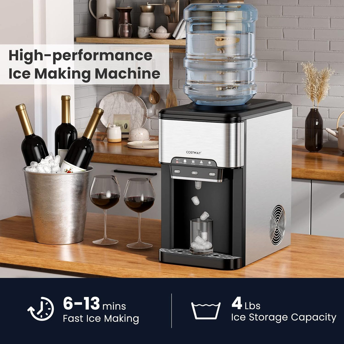 Water Dispenser with Ice Maker, 3-in-1 Countertop Top-Loading Hot Cold Water Cooler Machine, 48Lbs/24H, 12 Cubes, 4Lbs Storage Basket P303141