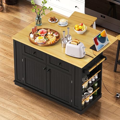 Black 48-inch Rolling Kitchen Island with Drop Leaf & Power Outlet U974002